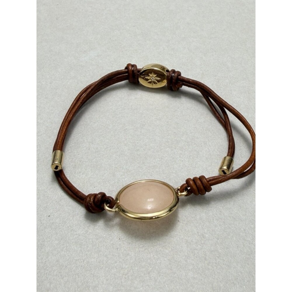 Fossil Rose Gold Tone Glitz Disc Brown Leather Bolo Adjustable Bracelet ~ Signed